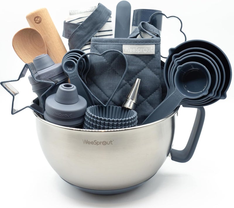 WeeSprout Ultimate Baking Kit for Kids - Kids Baking Set with Child Sized Utensils - Includes Apron, Oven Mitts, Silicone Mats & Liners - Perfect Cooking Set for Ages 6-12 - Navy Blue - Image 1